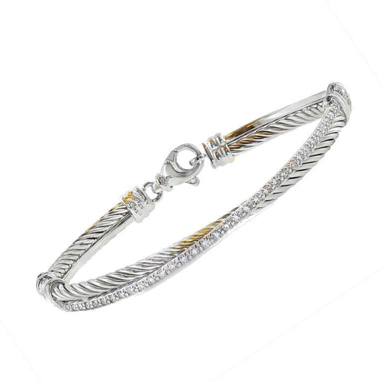 Sterling silver 18k white gold diamond bracelet set with 33 round diamonds by designer David Yurman.