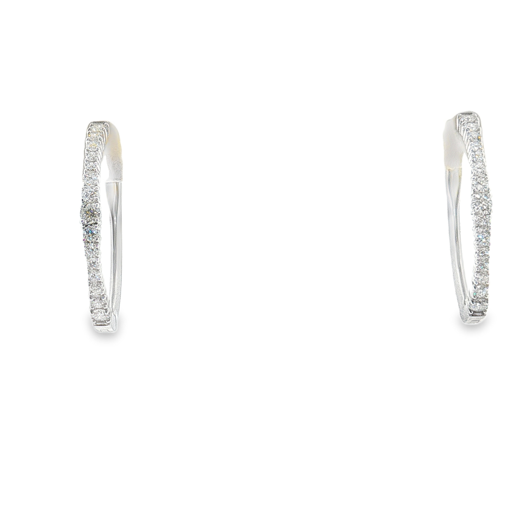 Pair of 14k white gold diamond hoop earrings set with 20 Round diamonds (1.14ctw)(GH/SI).