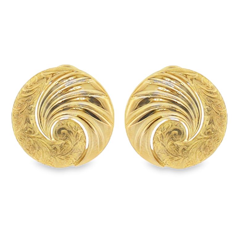 Pair of 18k yellow gold swirl earrings by designer Stephen Williams.