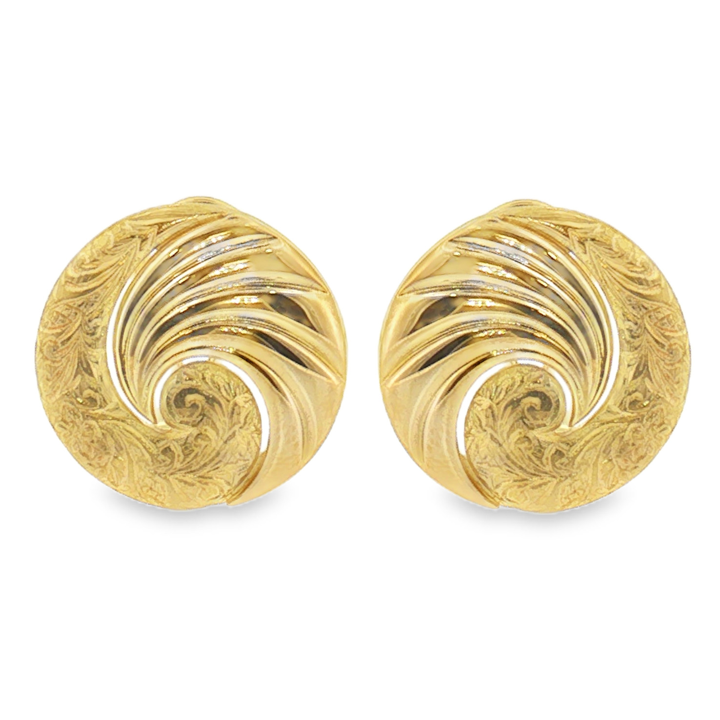 Pair of 18k yellow gold swirl earrings by designer Stephen Williams.