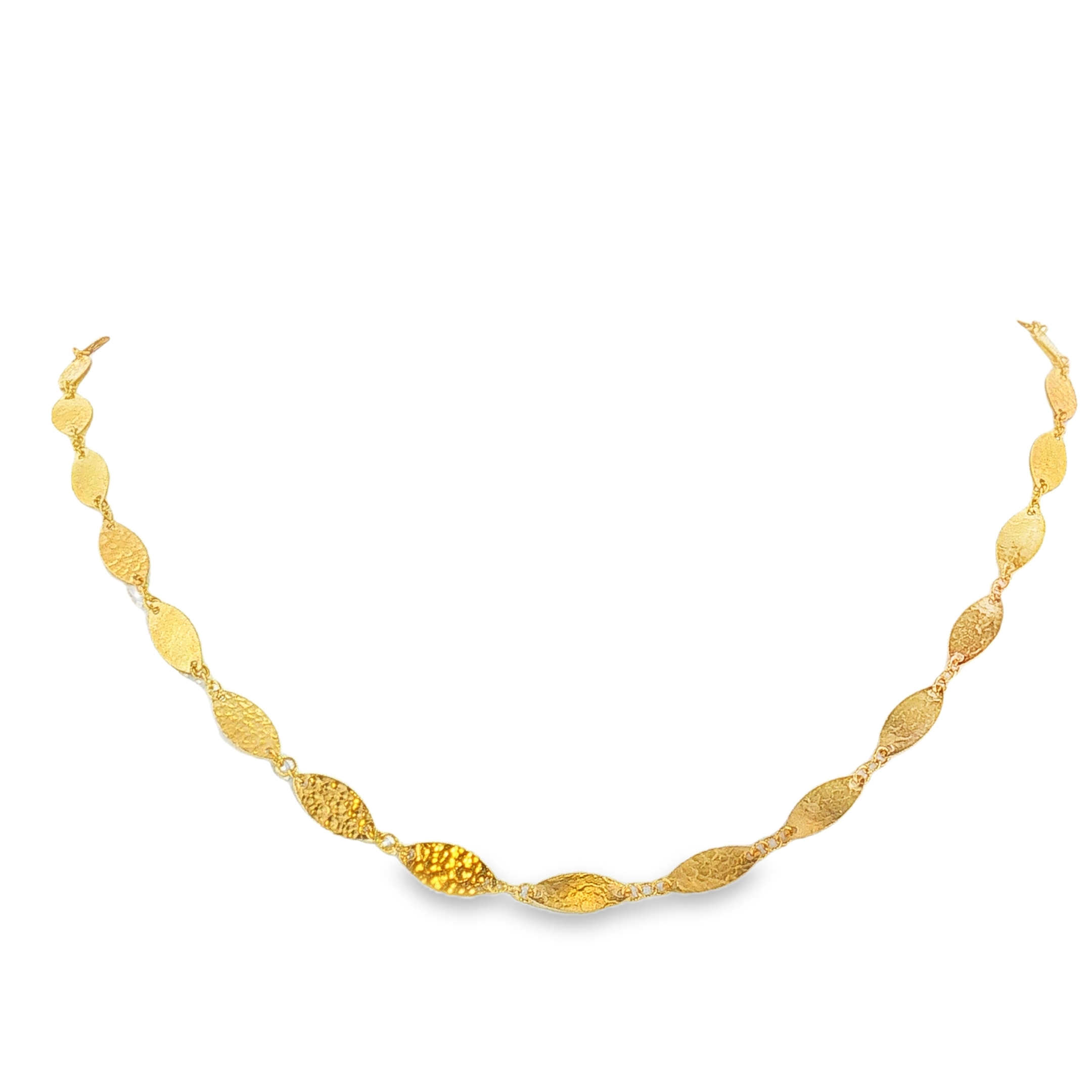 22k yellow gold necklace with leaf stations with a length of 24 inches.