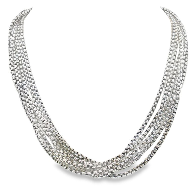 Sterling silver multi-chain necklace with 14k yellow gold accents at closure by designer David Yurman.