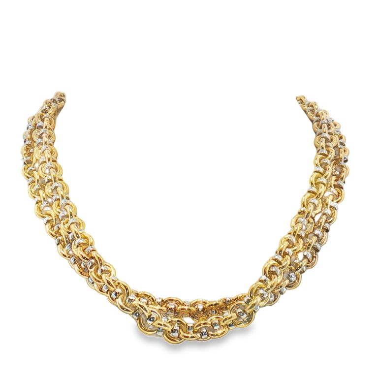 18k yellow and white gold circle link chain necklace with a length of 27.5 inches.