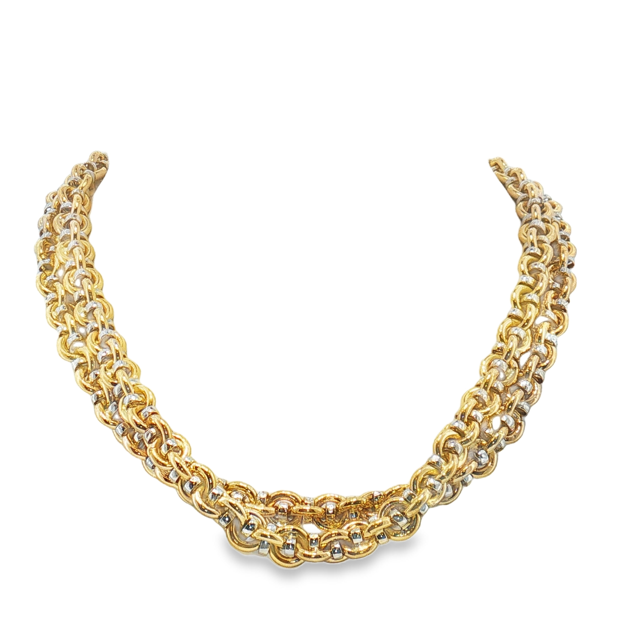 18k yellow and white gold circle link chain necklace with a length of 27.5 inches.