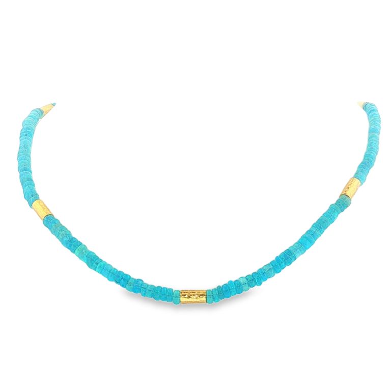 24k yellow gold necklace with opal beads 5 gold tubes.