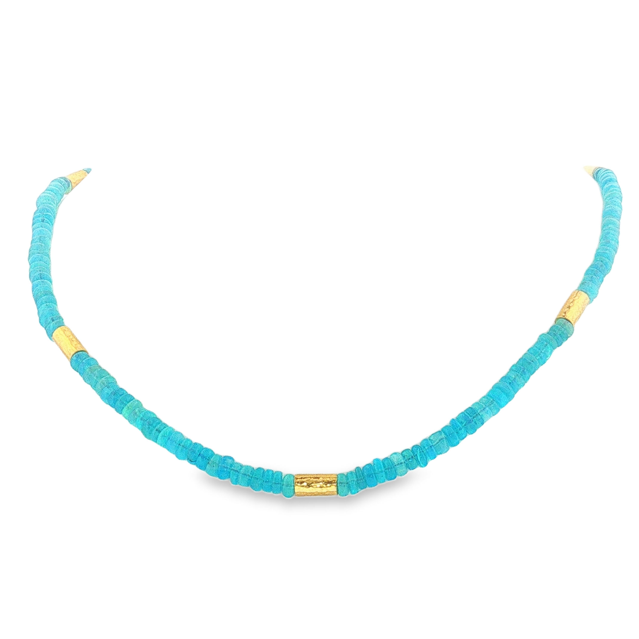24k yellow gold necklace with opal beads 5 gold tubes.