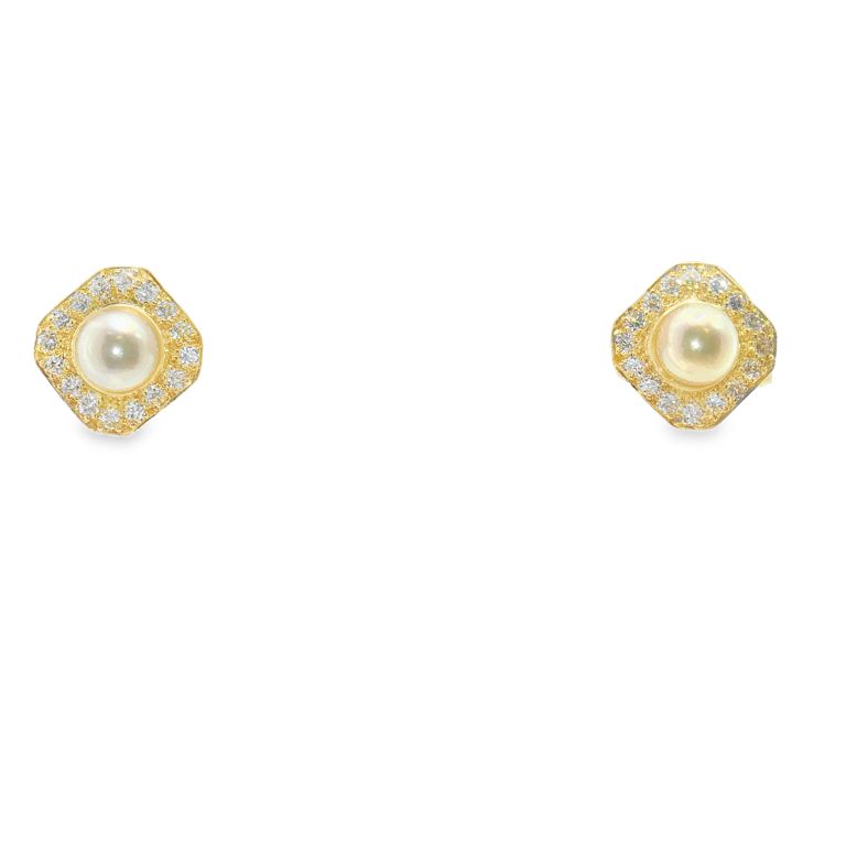 Pair of 18k yellow gold pearl and diamond earrings set with 32 Round diamonds (0.75ctw).