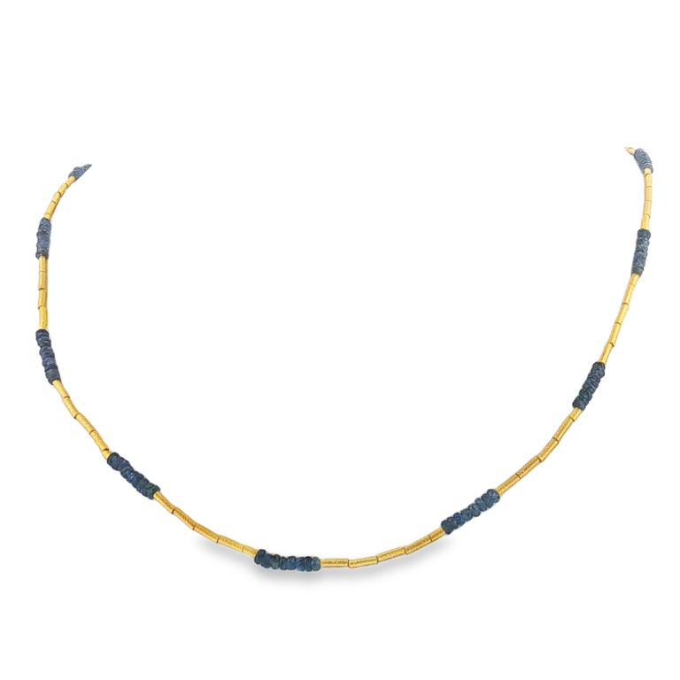 24k yellow gold beaded necklace with faceted sapphire beads with pearl accents and 18k yellow gold lobster clasp.