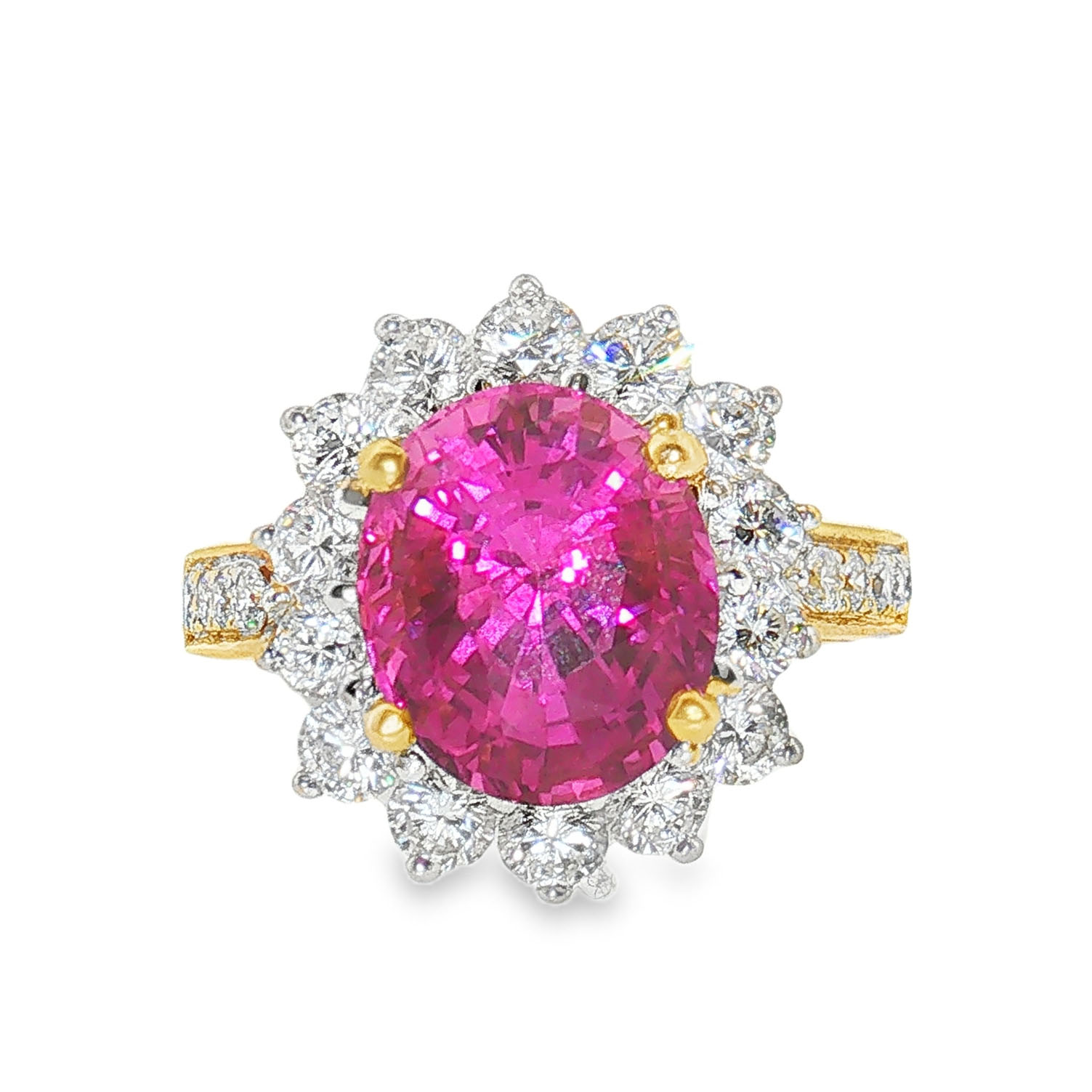 18k yellow gold pink sapphire and diamond ring set with 1 oval cut pink sapphire (5.04ct) and 24 round cut diamonds (G/H/VVS1-2) (1.29ctw).