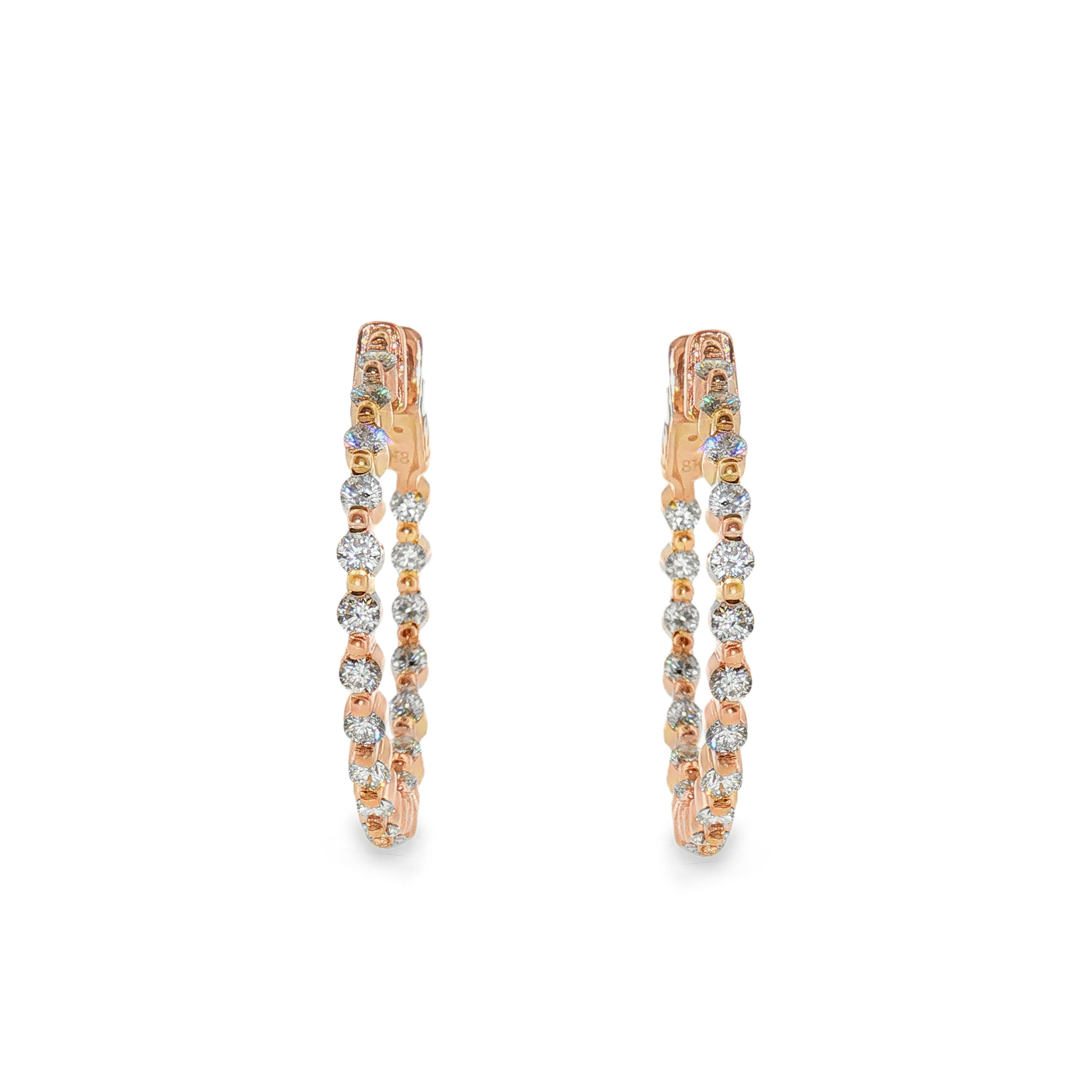 Pair of 18k rose gold diamond hoop earrings set with 38 round diamonds (VS-SI) (1.08ctw).