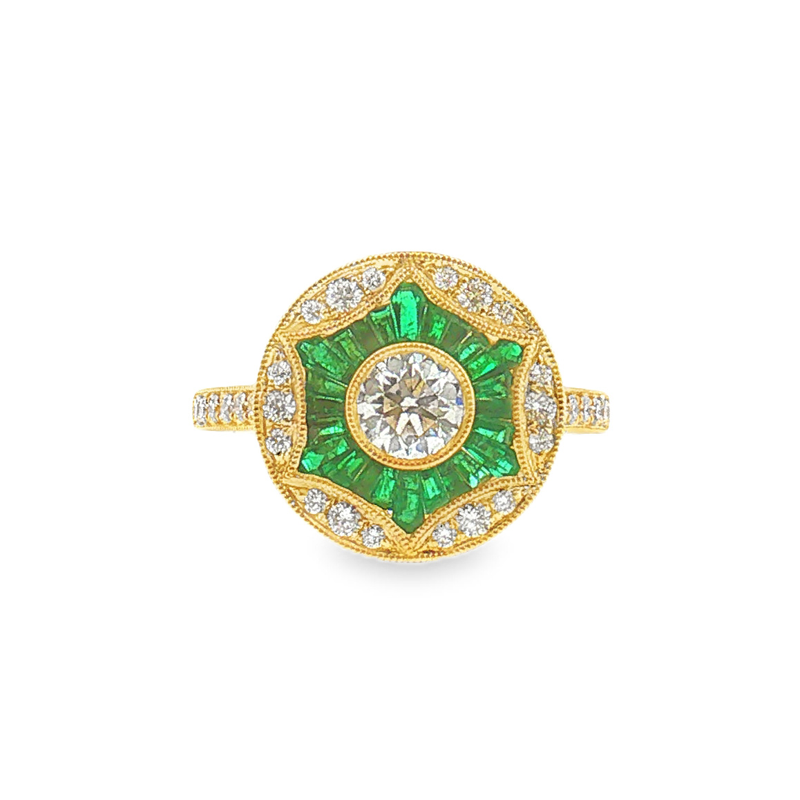 18k Yellow gold emerald and diamond ring set with 18 trapezoid cut emeralds (0.88ctw) with one Round diamond center stone (0.49ct) and 30 Round cut diamonds (0.31ctw)