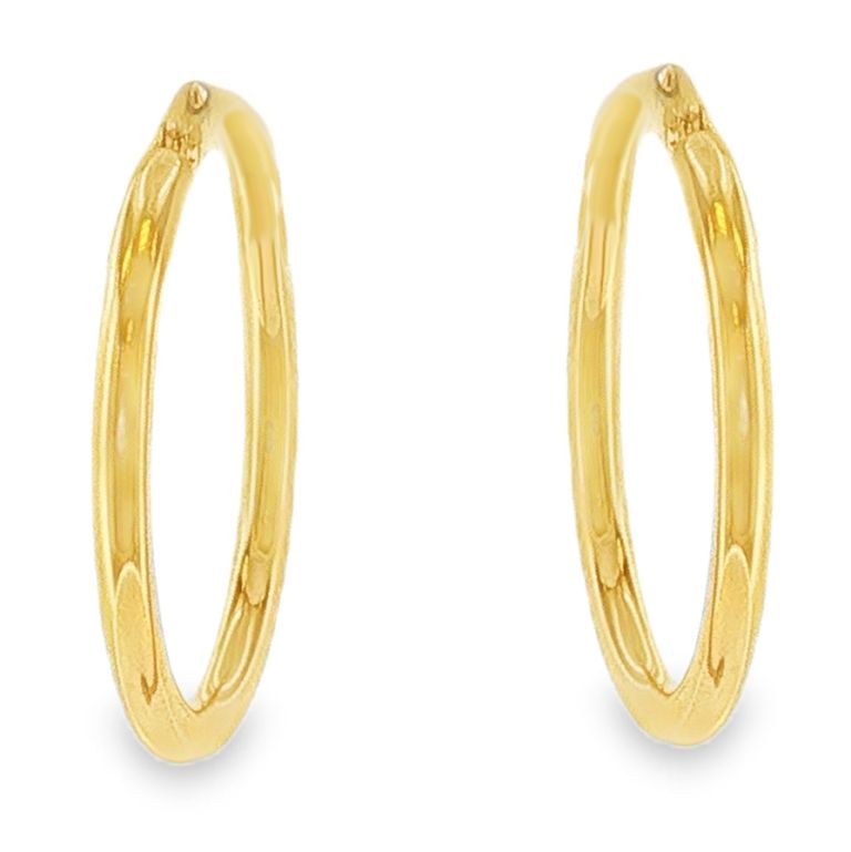 Pair of 18k Yellow gold hoop earrings with swing fitting top measuring 25mm diameter and 2mm width.