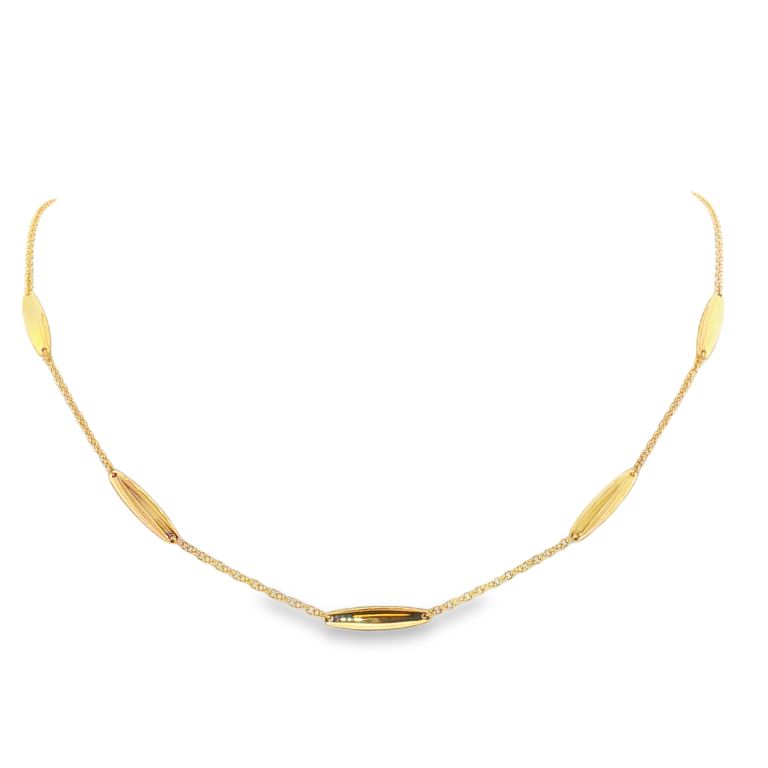 18k yellow gold station necklace with five elongated oval stations