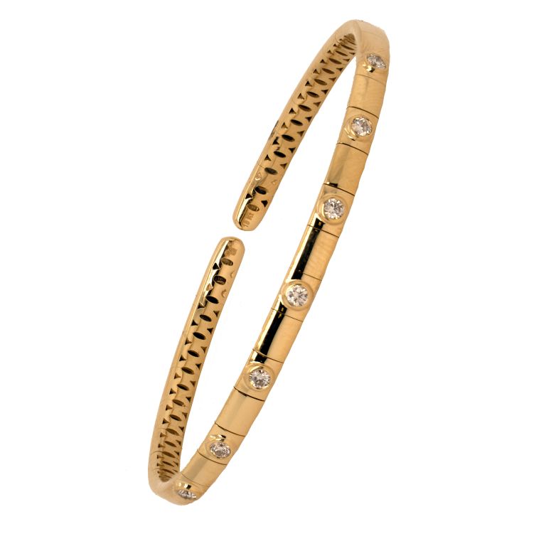 18k yellow gold diamond spring cuff bracelet set with 7 round diamonds (G/SI) (.35ctw).