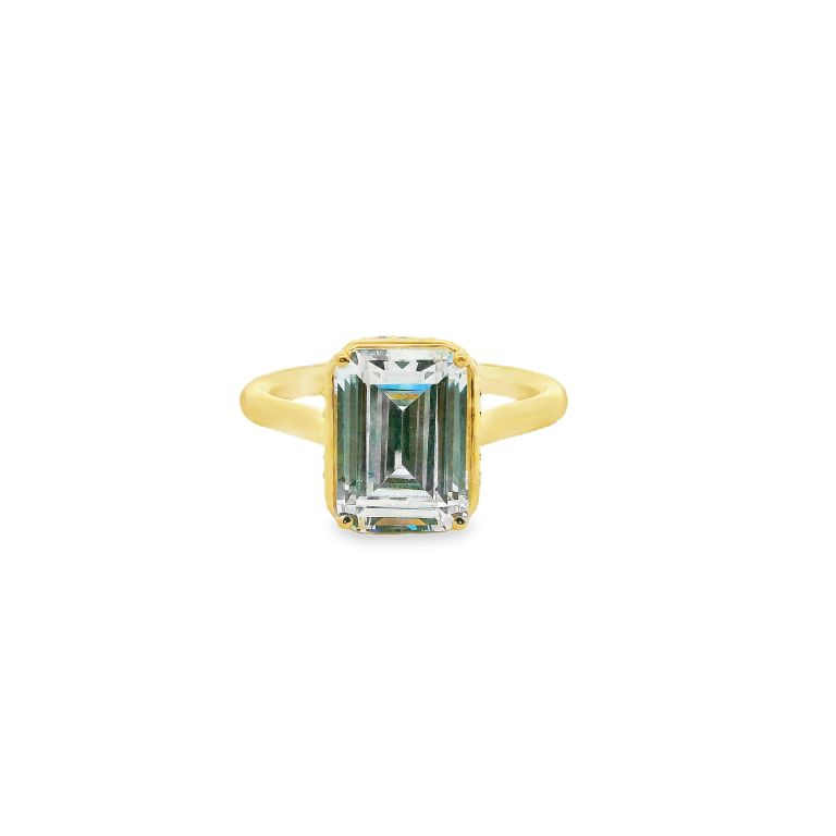 18k yellow gold diamond engagement ring made for a 3.00ct emerald cut center stone and set with round diamonds (FG/VS) (.13ctw).