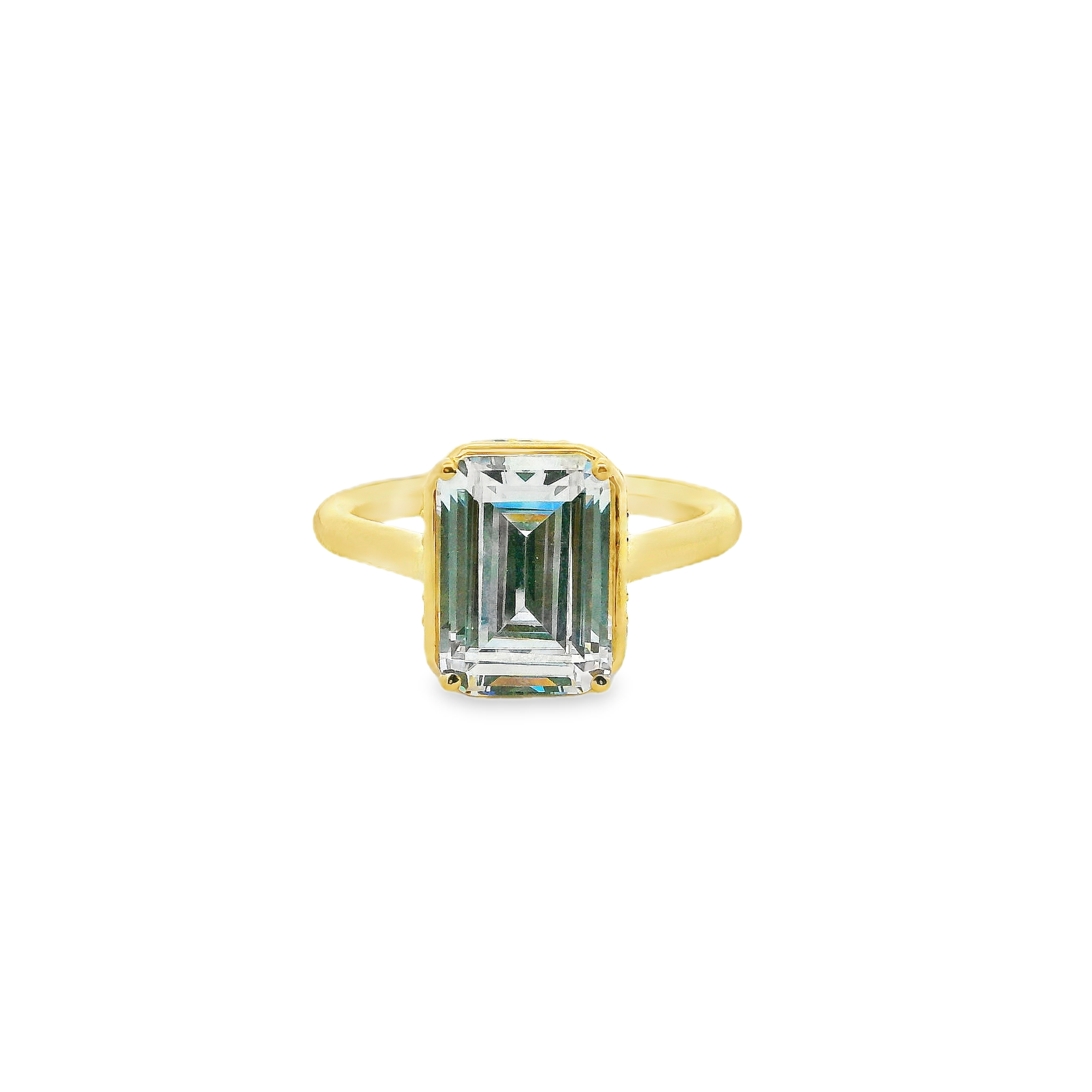 18k yellow gold diamond engagement ring made for a 3.00ct emerald cut center stone and set with round diamonds (FG/VS) (.13ctw).
